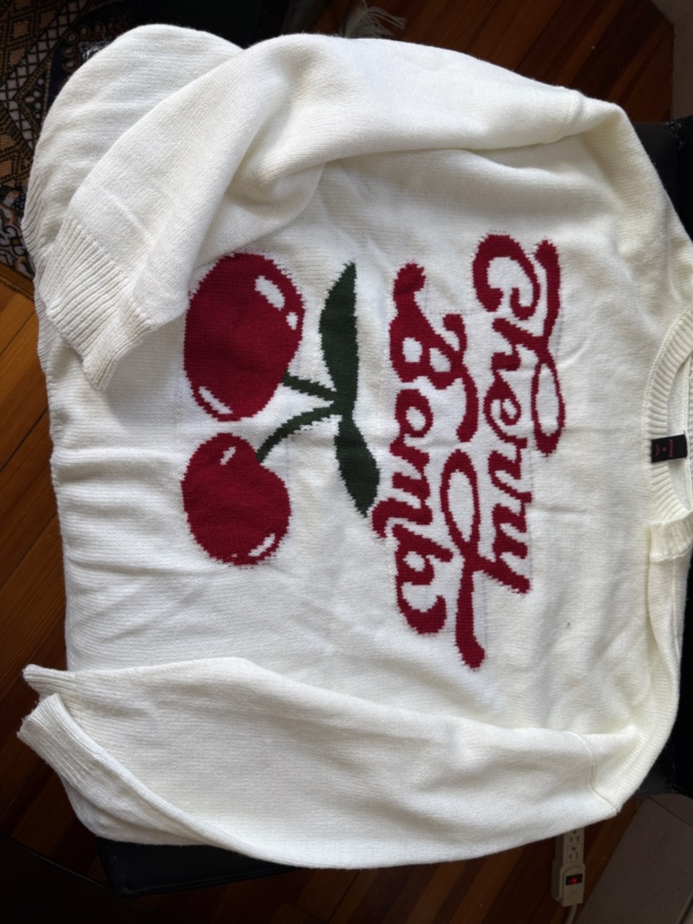 ROMWE White Crewneck Sweater with Red Cherry Graphic